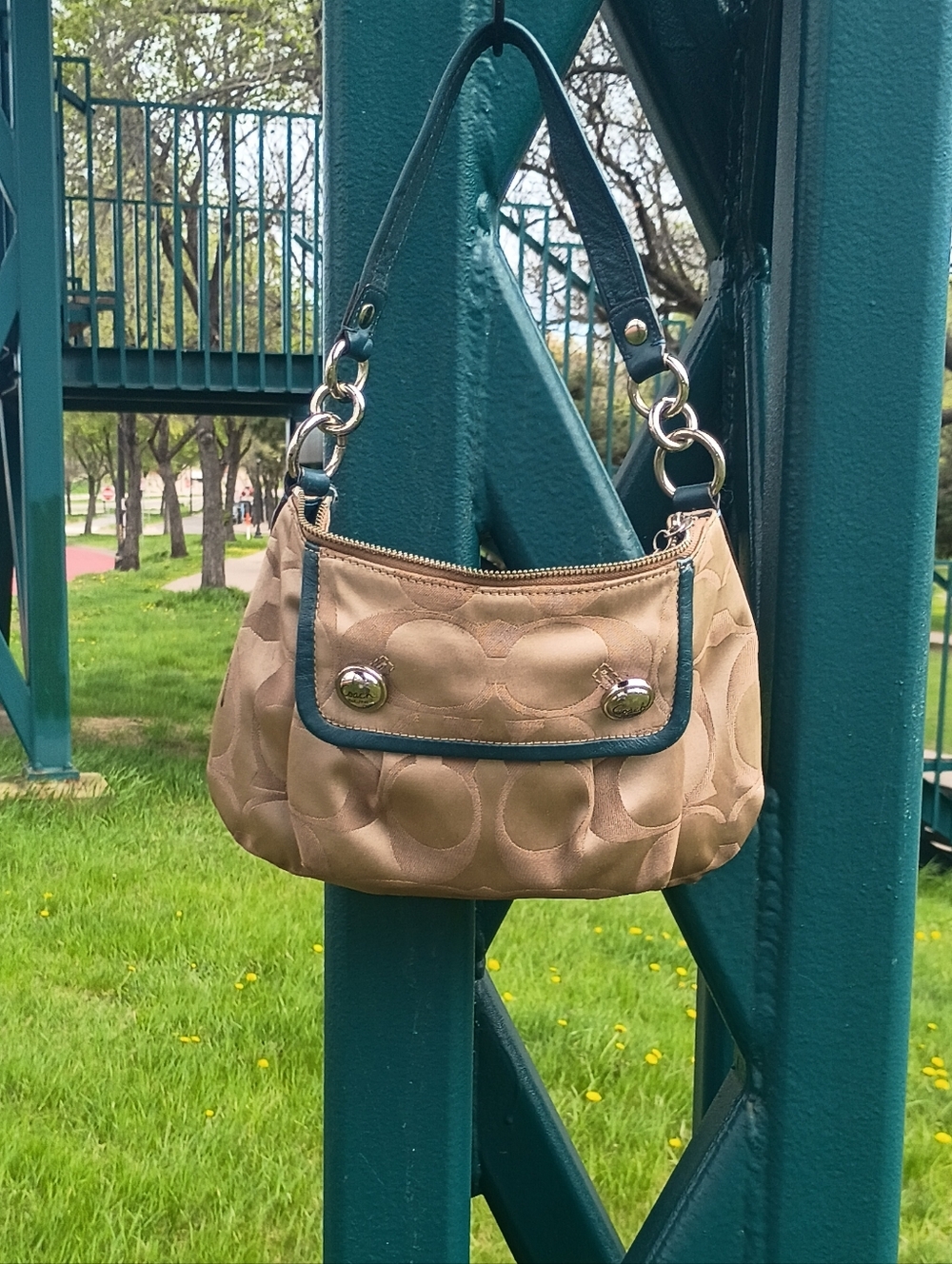 Coach Vintage Poppy Shoulder Bag In Signature Beige with Teal Trim